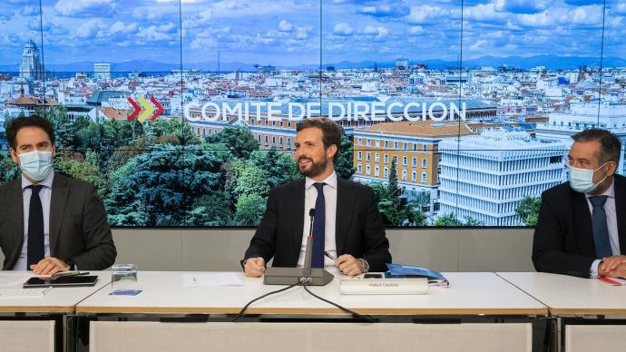 Teodoro García Egea, Pablo Casado y Enrique López, este lunes, durante el Comité de Dirección del PP. PP