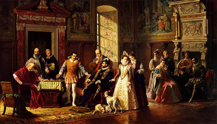 Partida de ajedrez entre López de Segura y Leonardo da Cutri en la corte española en 1575, Luigi Mussini, 1886