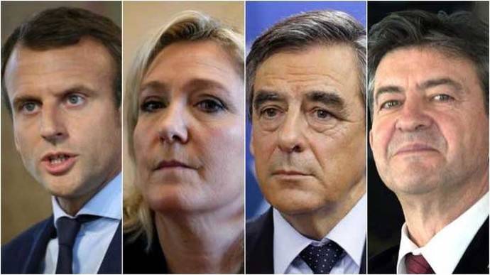 Candidatos a las presidenciales de Francia de izquierda a derecha: Emmanuel Macron, Marine Le Pen, Francois Fillon y Jean-Luc Mélenchon. 