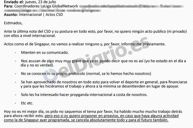 Email enviado desde La Liga para prohibir la colaboración en eventos en el exterior organizados por el Gobierno 