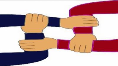 ”Chair position made by two people crossing arms”