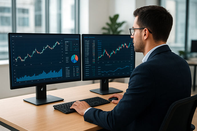 Person analyzing financial charts on dual monitors in a modern office, representing the top technology expense management software. (Image created by AI)