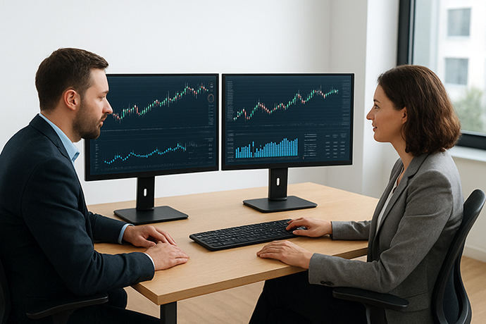 Two professionals reviewing monitors with charts and graphs, illustrating the top technology expense management software. (Image created by AI)