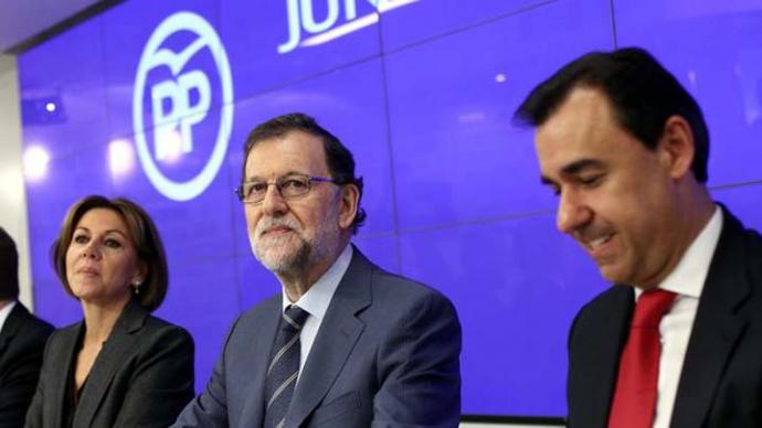 La actual cúpula del poder en el PP: Rajoy flanqueado por Cospedal y Fdez Maillo