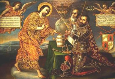 Alegoría del Nuevo Mundo, José de la Mota, 1721. Representa a Cristo entregando el mundo al emperador Carlos V y al Papa,