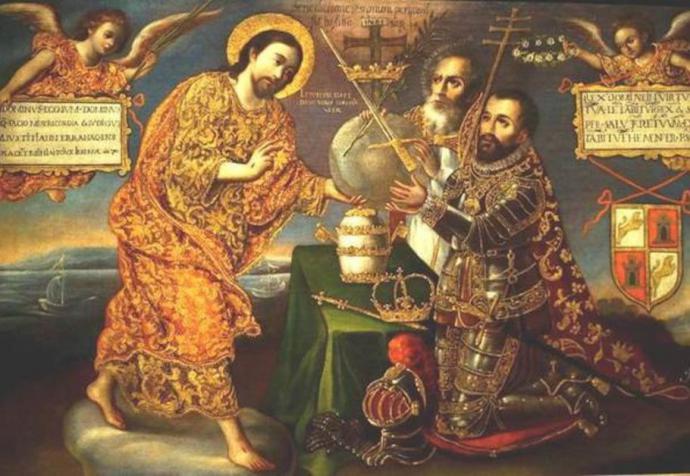 Alegoría del Nuevo Mundo, José de la Mota, 1721. Representa a Cristo entregando el mundo al emperador Carlos V y al Papa,
