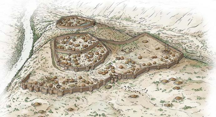 Ilustración del poblado de Los Millares, la primera ciudad de la Península Ibérica (Autor: Iñaki Dieguez Uribeondo)