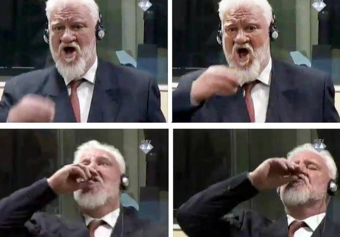 Secuencia fotográfica que muestra como Slobodan Praljak bebe el veneno que le causó la muerte