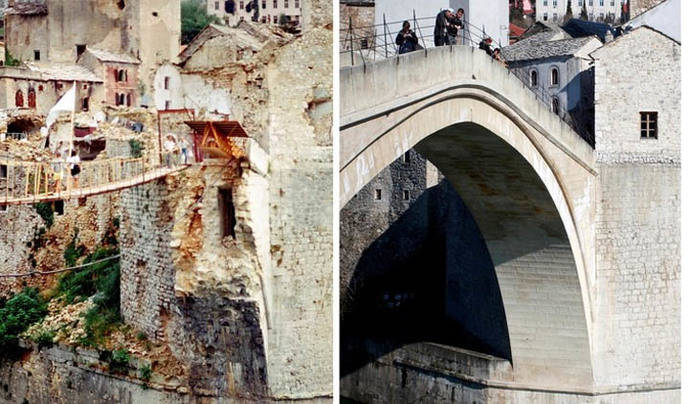 Antes y después de la destrucción y la posterior reconstrucción del puente de Mostar