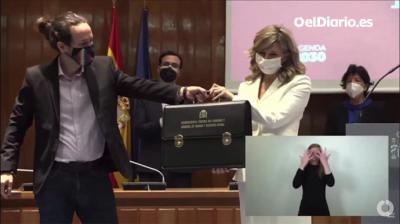 Pablo Iglesias,  durante el traspaso de cartera ministerial a la nueva vicepresidenta tercera y ministra de Trabajo y Economía social, Yolanda Díaz (captura de pantalla)
