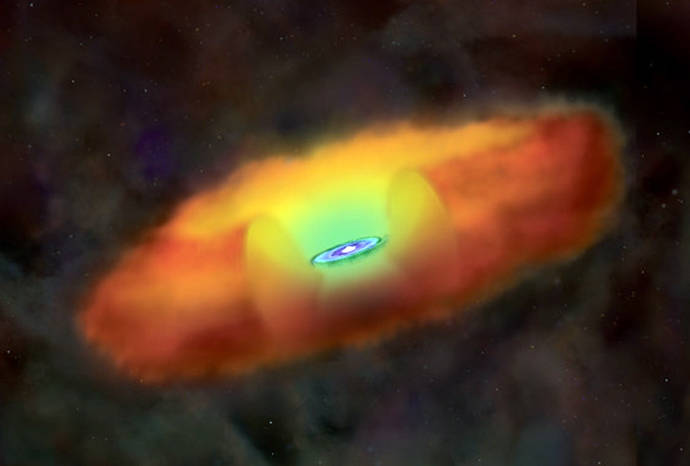 Ilustración de un núcleo activo de galaxia, con agujero negro central rodeado de un disco de acrecimiento y una estructura de polvo externa con forma de rosquilla