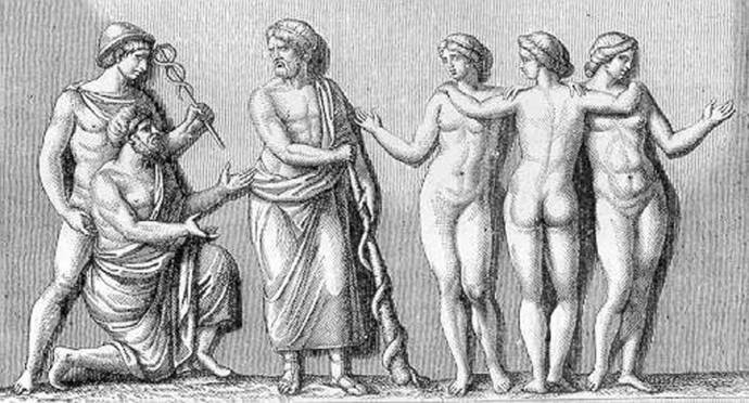 Hermes and a trickster approaching a disapproving Asclepius - god of medicine - and his daughters (Meditrine, Hygeia and Panacea)