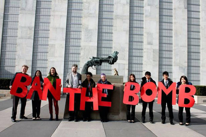 A “ban the bomb” sign outside of the United Nations headquarters in New York City