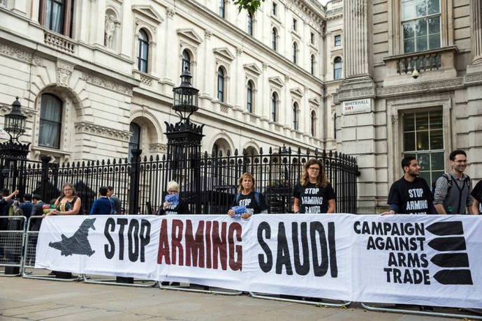 London, UK. 11th July, 2016. Human rights campaigners protest against arms sales to Saudi Arabia used in human rights abuses in Yemen outside Downing Street