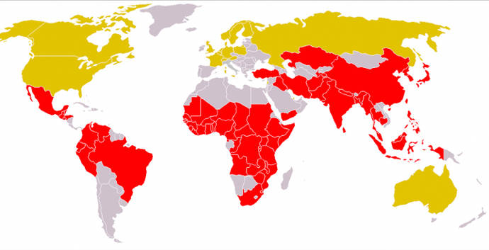 Cholera endemic areas (red)