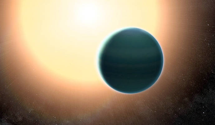 Ilustración del exoplaneta HAT-P-26b, de un tamaño parecido a Neptuno pero más cálido, orbitando alrededor de su estrella