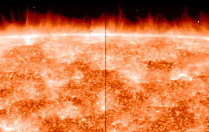 En el limbo o borde del Sol se observan multitud de espículas, que salen disparadas desde la superficie, según ha captado el satélite IRIS de la NASA