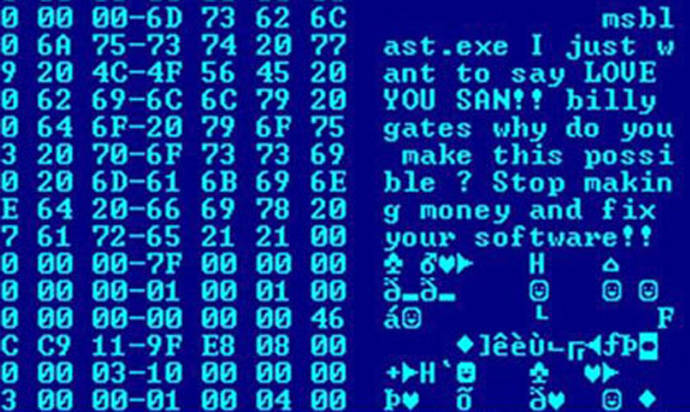 Blaster Virus: Hex dump of the Blaster worm, showing a message left for Microsoft co-founder Bill Gates by the worm's programmer 