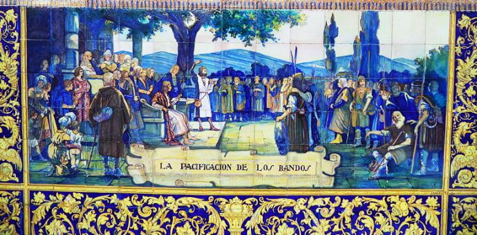 Representación de la pacificación de Bandos en la Plaza de España de Sevilla.