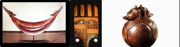 De izq, a Dcha., el Reimiro símbolos del equilibrio o el Ying y el Yang .con sus dos caras.  El Ao, símbolo del Mandato o Regencia. Tahonga, el Útero de (donde todo Nace) representa los hijos que eternizan la cadena de la vida.