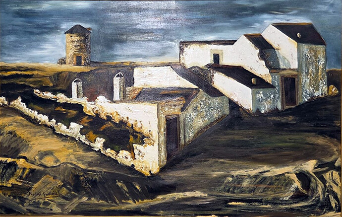 Piedad Guillén. Molino y casas-cueva de Campo de Cripatna. Decáda de 1960. Oleo-lienzo