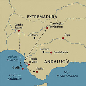 Mapa de asentamientos tartésicos en Extremadura y sus relaciones con Andalucía. Imagen propia diseñada con IA