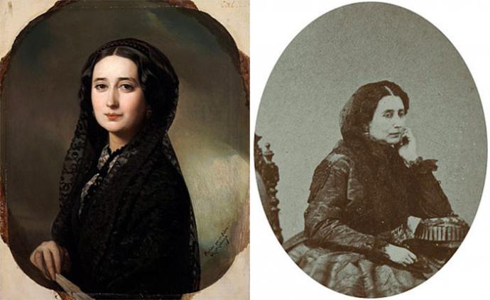 Carolina Coronado en retrato de c. 1855de Federico Madrazo, óleo sobre lienzo, Museo del Prado, Madrid; y fotografía de finales del siglo XIX